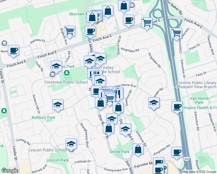 map of restaurants, bars, coffee shops, grocery stores, and more near 2 Axsmith Crescent in Toronto