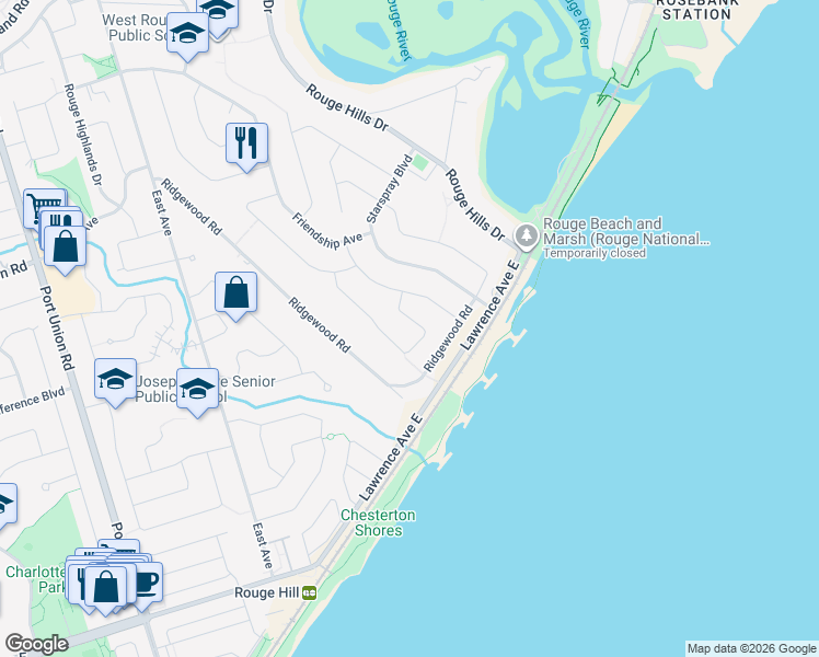 map of restaurants, bars, coffee shops, grocery stores, and more near 28 Greybeaver Trail in Toronto