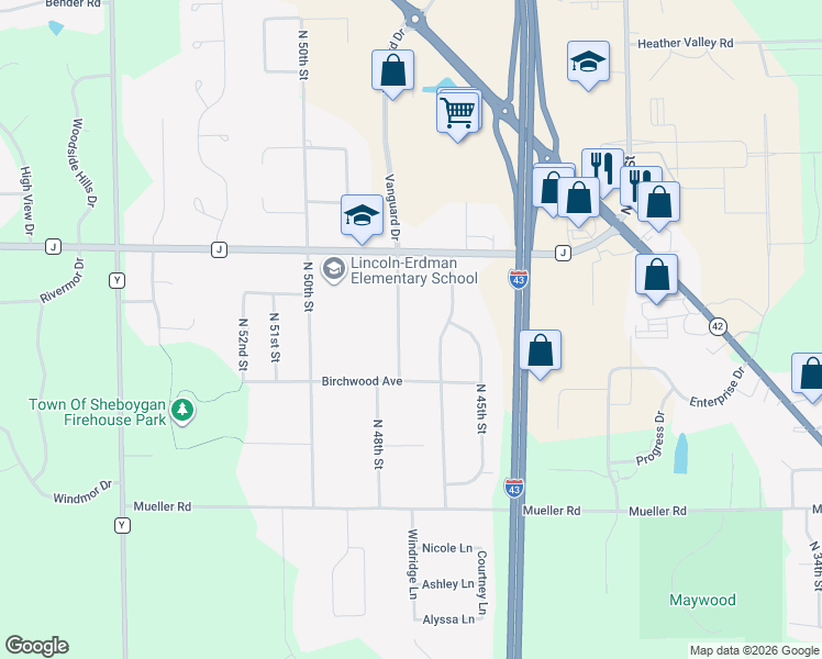 map of restaurants, bars, coffee shops, grocery stores, and more near 4018 North 46th Street in Sheboygan