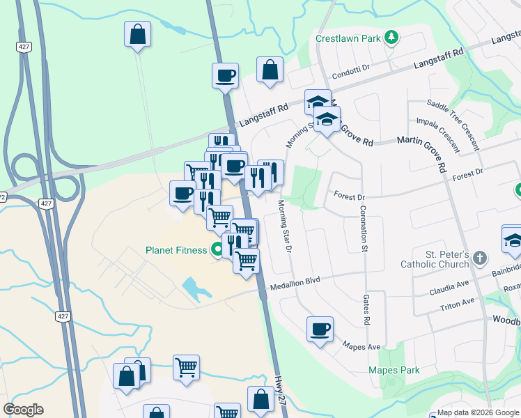 map of restaurants, bars, coffee shops, grocery stores, and more near 123 Lamp Crescent in Vaughan