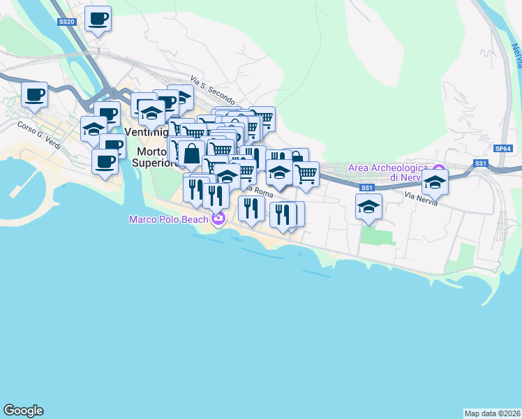 map of restaurants, bars, coffee shops, grocery stores, and more near 23 Via Asse in Ventimiglia