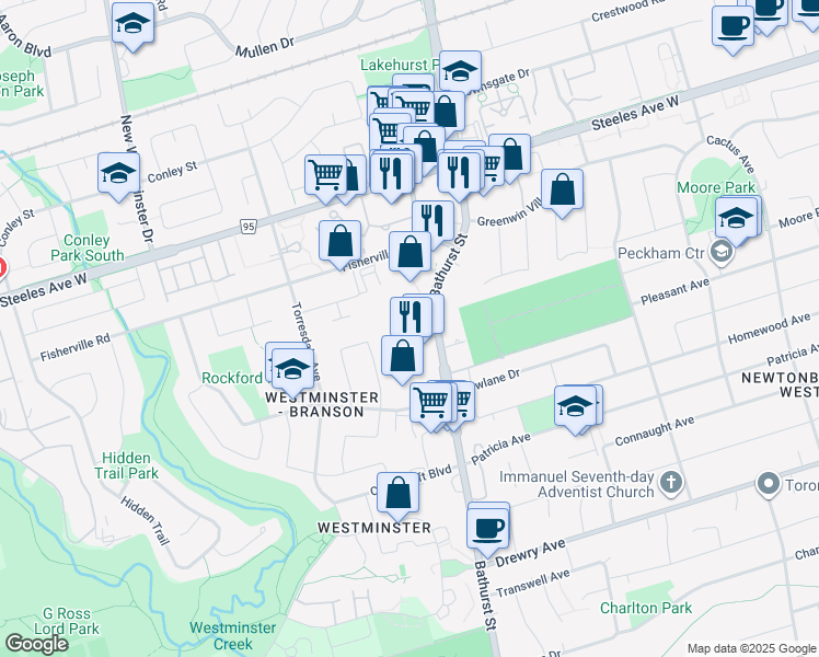 map of restaurants, bars, coffee shops, grocery stores, and more near 6030 Bathurst Street in Toronto