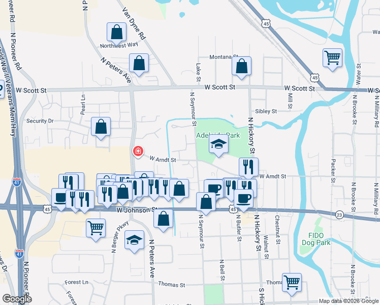map of restaurants, bars, coffee shops, grocery stores, and more near 565 West Arndt Street in Fond du Lac