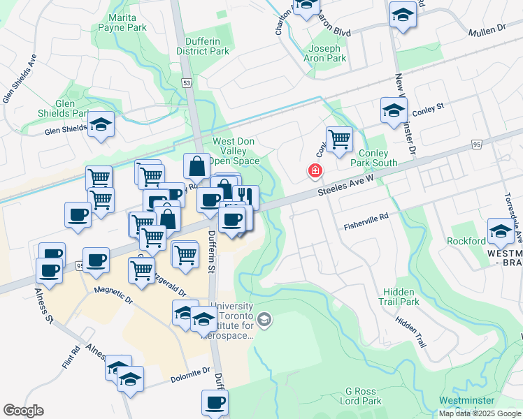map of restaurants, bars, coffee shops, grocery stores, and more near 1803 Steeles Avenue West in Toronto