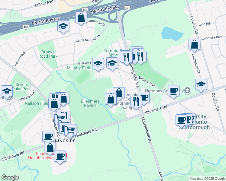 map of restaurants, bars, coffee shops, grocery stores, and more near 80 Mornelle Court in Toronto