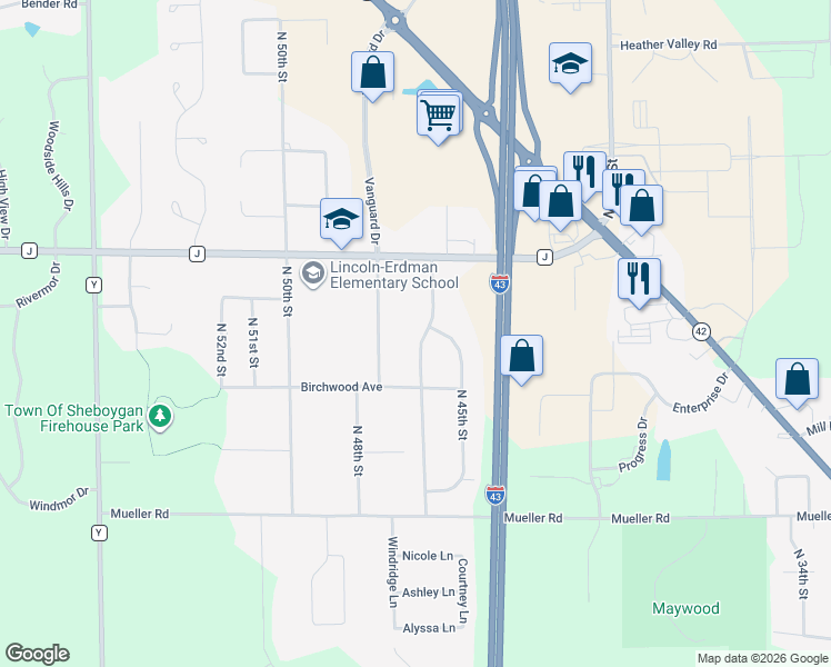 map of restaurants, bars, coffee shops, grocery stores, and more near 4018 North 46th Street in Sheboygan