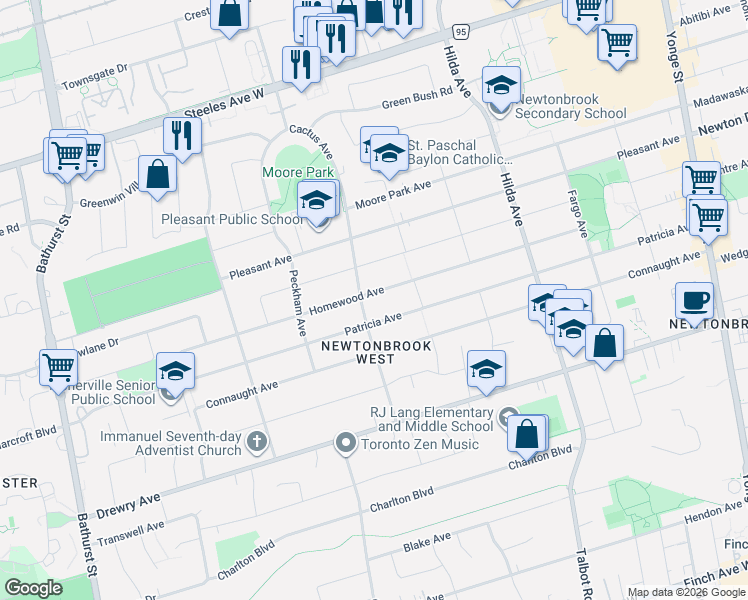 map of restaurants, bars, coffee shops, grocery stores, and more near 243 Homewood Avenue in Toronto
