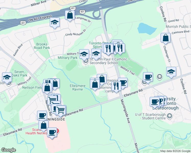 map of restaurants, bars, coffee shops, grocery stores, and more near 80 Mornelle Court in Toronto