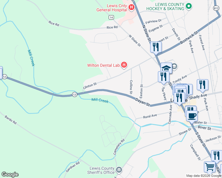 map of restaurants, bars, coffee shops, grocery stores, and more near 5259 Dayan Street in Lowville