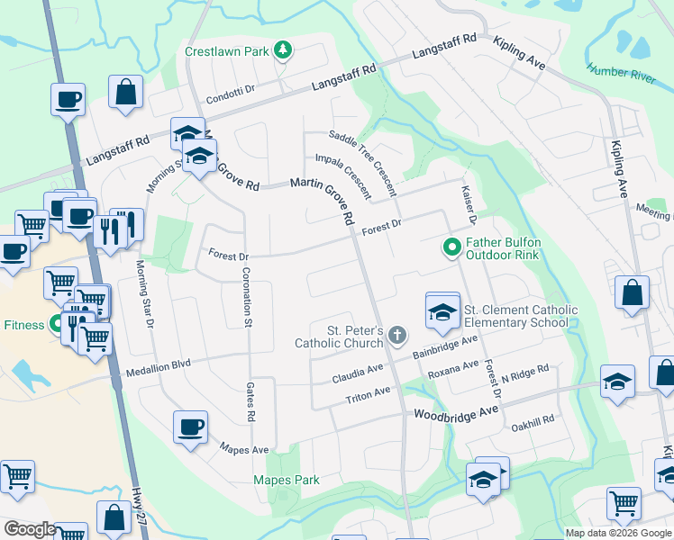 map of restaurants, bars, coffee shops, grocery stores, and more near 138 Jackman Crescent in Vaughan