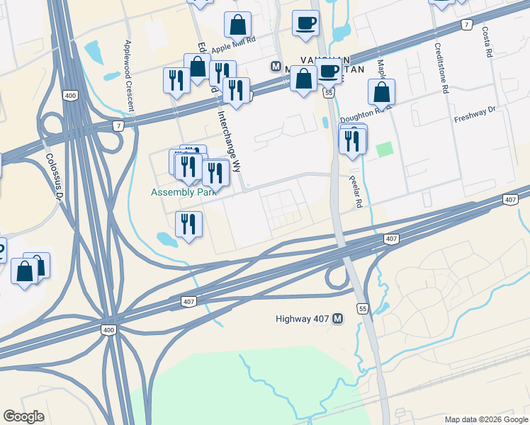 map of restaurants, bars, coffee shops, grocery stores, and more near 19 Mable Smith Way in Vaughan