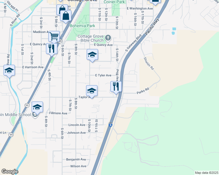 map of restaurants, bars, coffee shops, grocery stores, and more near 1147 East Dublin Lane in Cottage Grove