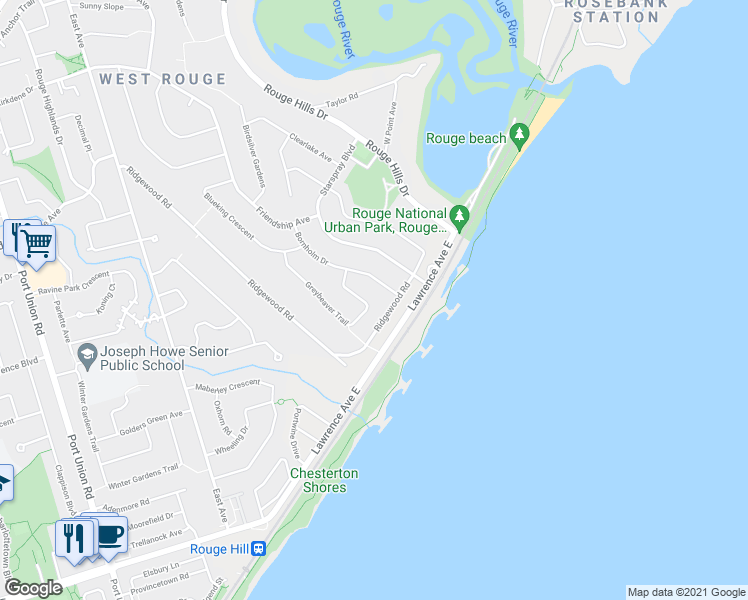 map of restaurants, bars, coffee shops, grocery stores, and more near 37 Greybeaver Trail in Toronto