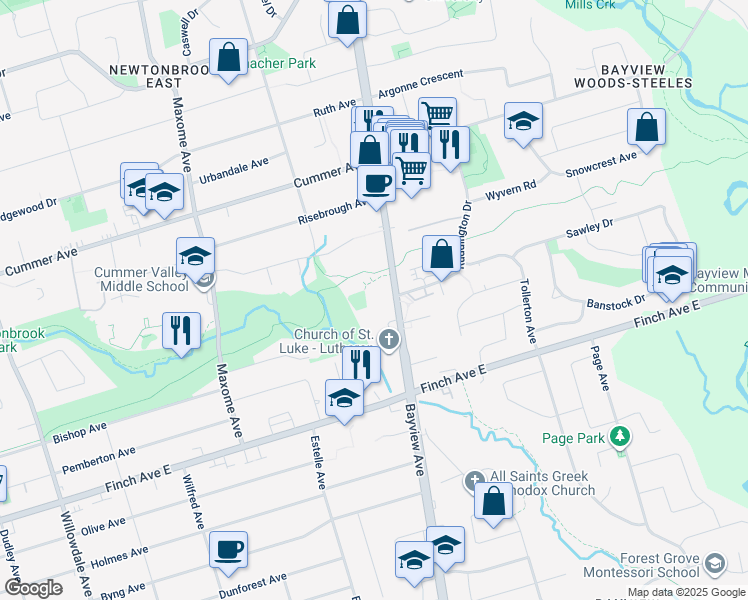 map of restaurants, bars, coffee shops, grocery stores, and more near 3230 Bayview Avenue in Toronto