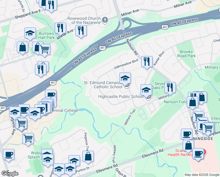 map of restaurants, bars, coffee shops, grocery stores, and more near 23 Logstone Crescent in Toronto