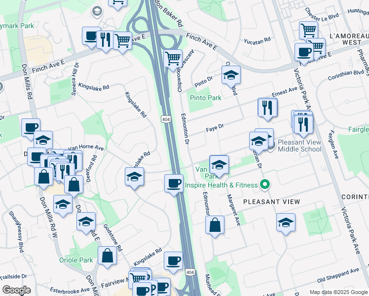 map of restaurants, bars, coffee shops, grocery stores, and more near in Toronto