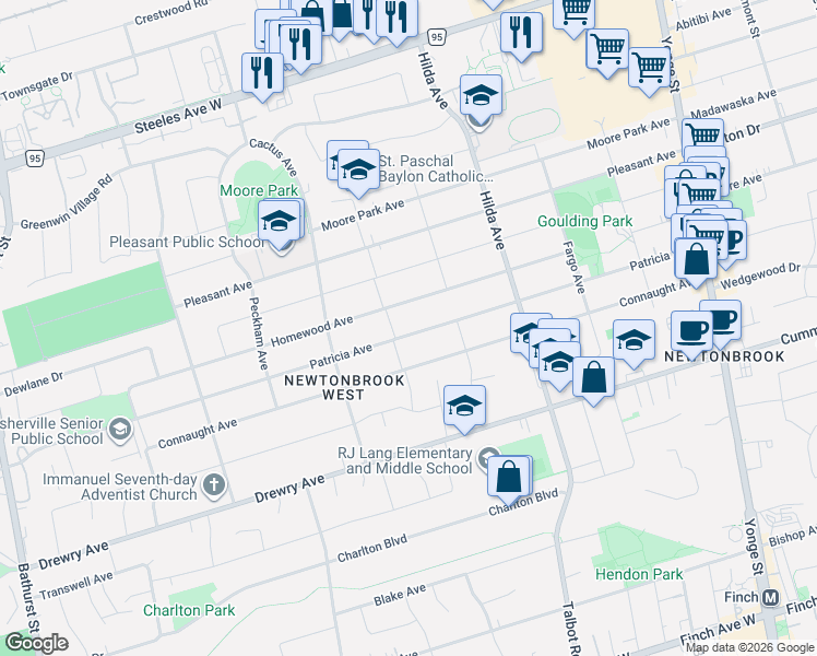 map of restaurants, bars, coffee shops, grocery stores, and more near 220 Patricia Avenue in Toronto