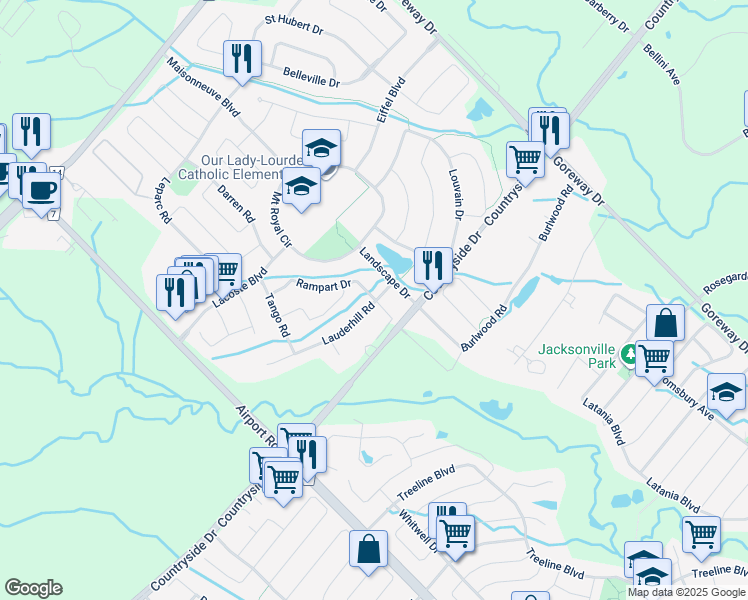 map of restaurants, bars, coffee shops, grocery stores, and more near 35 Rampart Drive in Brampton
