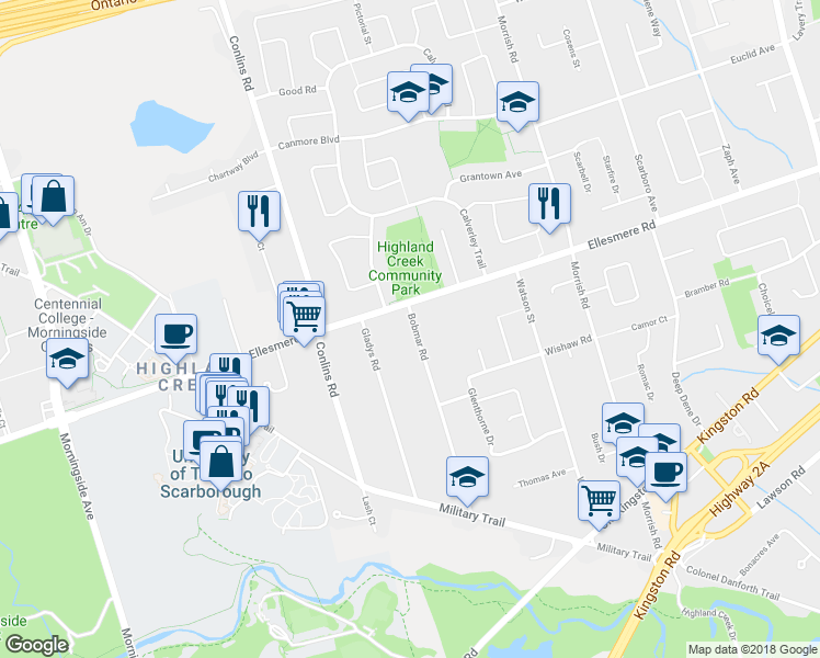 map of restaurants, bars, coffee shops, grocery stores, and more near 92 Bobmar Road in Toronto