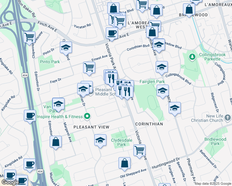 map of restaurants, bars, coffee shops, grocery stores, and more near in Toronto