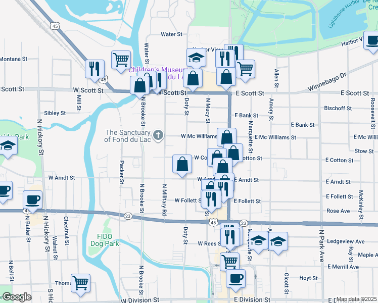 map of restaurants, bars, coffee shops, grocery stores, and more near 325 Doty Street in Fond du Lac