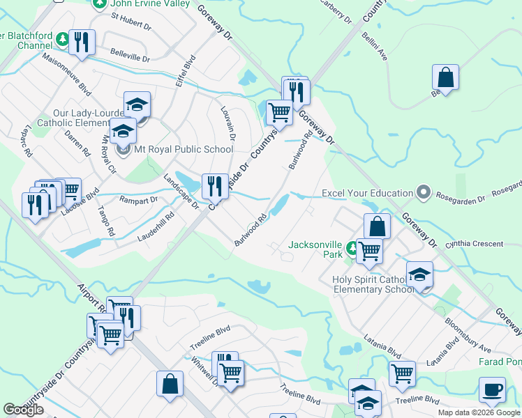 map of restaurants, bars, coffee shops, grocery stores, and more near 44 Burlwood Road in Brampton