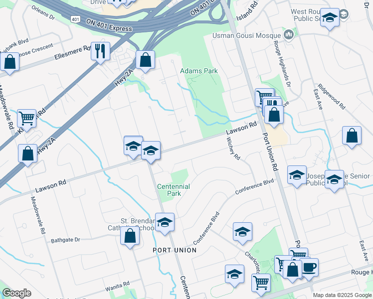 map of restaurants, bars, coffee shops, grocery stores, and more near 365 Lawson Road in Toronto