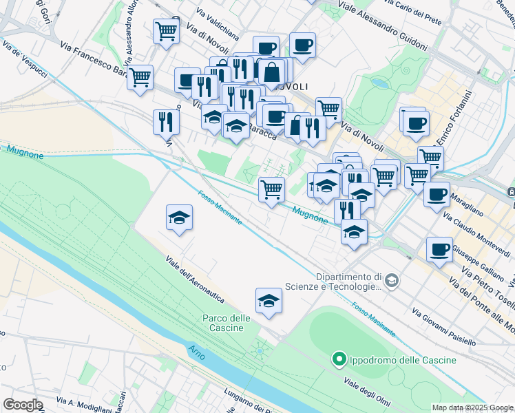 map of restaurants, bars, coffee shops, grocery stores, and more near Via Arrigo Boito in Florence