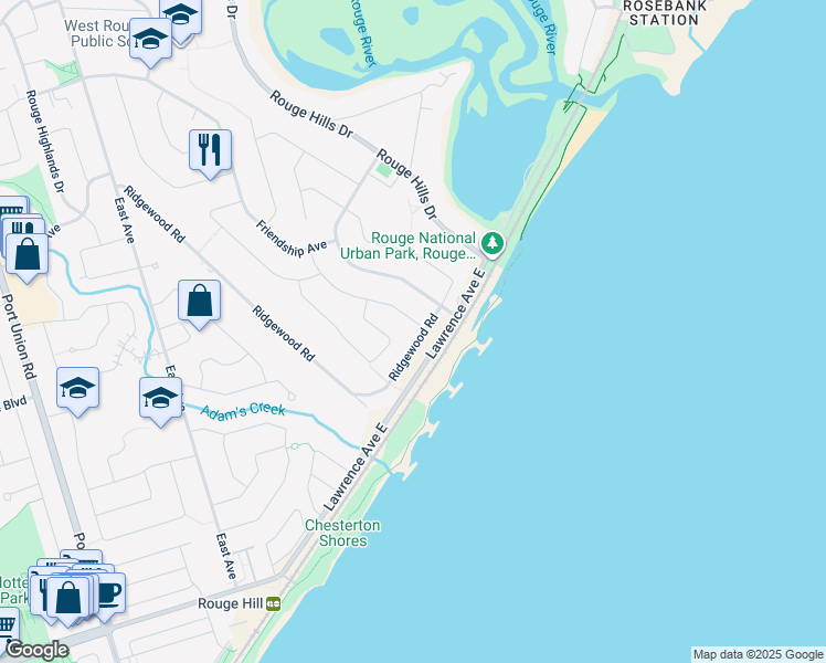 map of restaurants, bars, coffee shops, grocery stores, and more near 11 Ridgewood Road in Toronto