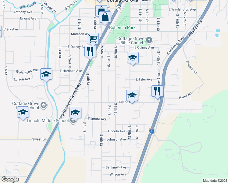 map of restaurants, bars, coffee shops, grocery stores, and more near 1115 South 8th Street in Cottage Grove