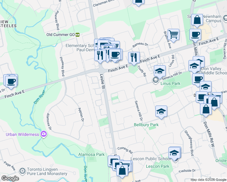 map of restaurants, bars, coffee shops, grocery stores, and more near 81 Green Meadows Circle in Toronto