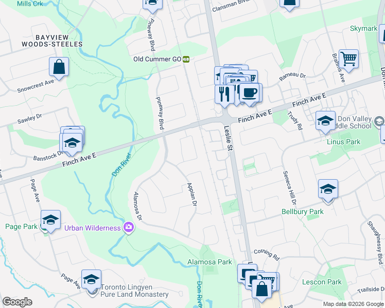 map of restaurants, bars, coffee shops, grocery stores, and more near 47 Bathford Crescent in Toronto