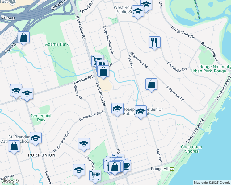 map of restaurants, bars, coffee shops, grocery stores, and more near 21 Ravine Park Crescent in Toronto