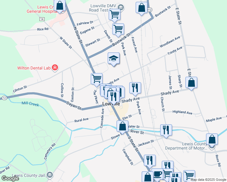 map of restaurants, bars, coffee shops, grocery stores, and more near 5424 Park in Lowville