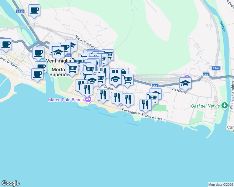 map of restaurants, bars, coffee shops, grocery stores, and more near 78 Via Roma in Ventimiglia