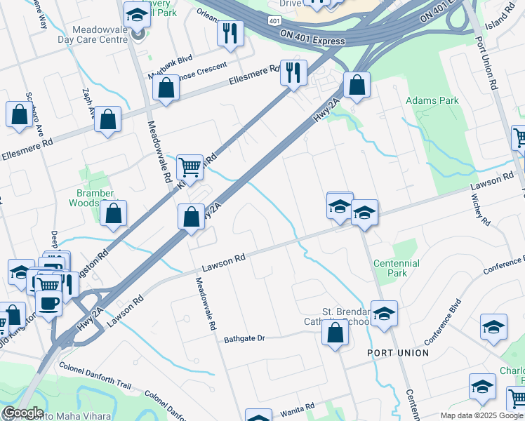 map of restaurants, bars, coffee shops, grocery stores, and more near 68 Satchell Boulevard in Toronto