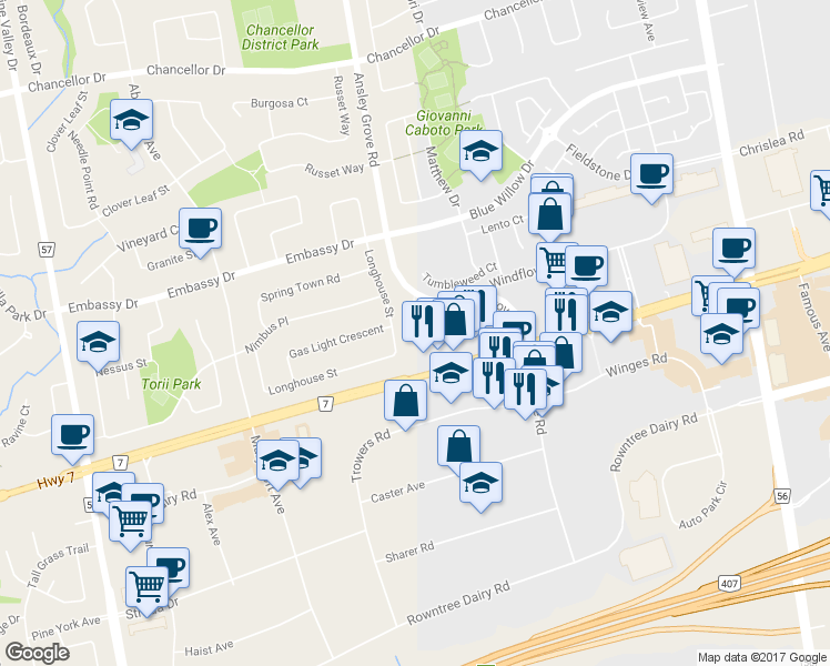 map of restaurants, bars, coffee shops, grocery stores, and more near 109 Pinedale Gate in Vaughan