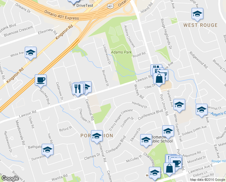 map of restaurants, bars, coffee shops, grocery stores, and more near 365 Lawson Road in Toronto