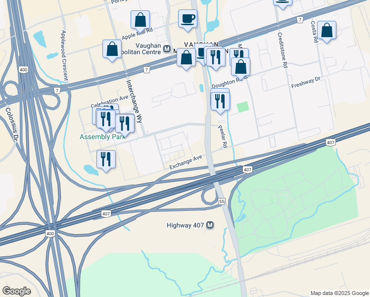 map of restaurants, bars, coffee shops, grocery stores, and more near Exchange Ave in Regional Municipality of York