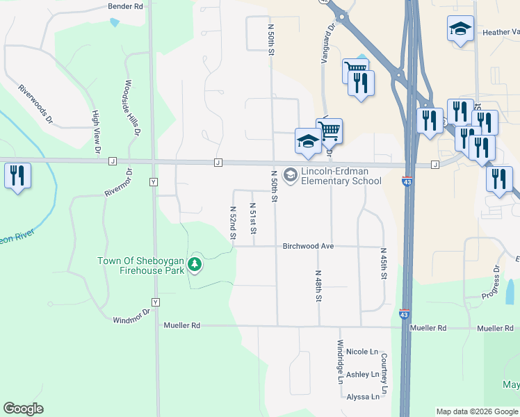 map of restaurants, bars, coffee shops, grocery stores, and more near 4022 North 51st Street in Sheboygan