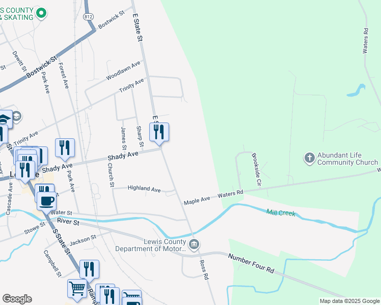 map of restaurants, bars, coffee shops, grocery stores, and more near 7580 East State Street in Lowville