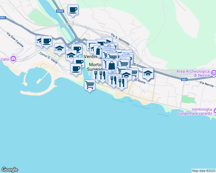 map of restaurants, bars, coffee shops, grocery stores, and more near 11 Passeggiata Guglielmo Oberdan in Ventimiglia