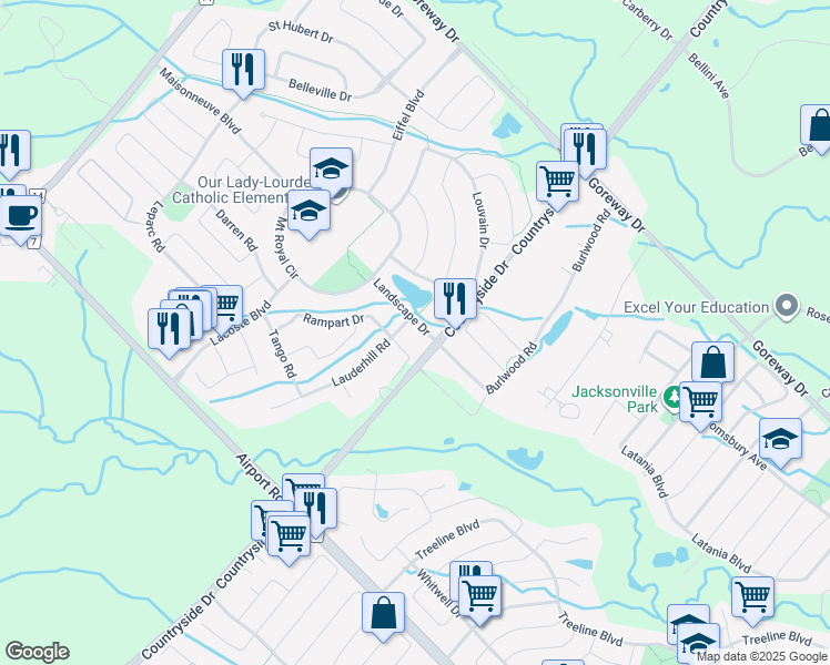map of restaurants, bars, coffee shops, grocery stores, and more near 6 Landscape Drive in Brampton