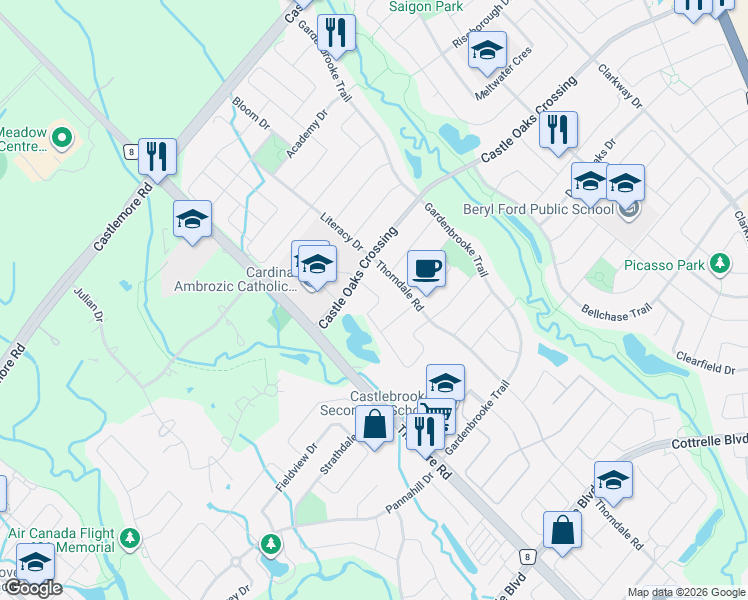 map of restaurants, bars, coffee shops, grocery stores, and more near 25 Mission Ridge Trail in Brampton