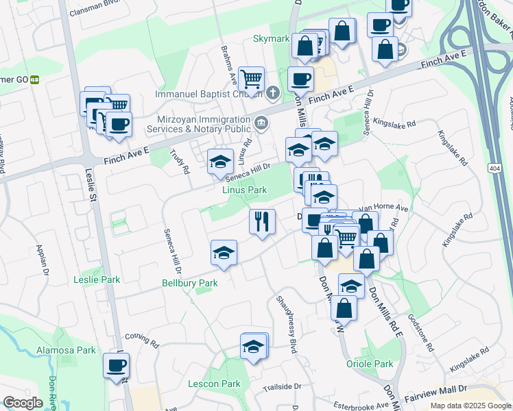 map of restaurants, bars, coffee shops, grocery stores, and more near 62 Clancy Drive in Toronto