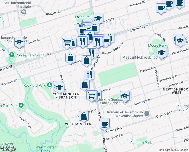 map of restaurants, bars, coffee shops, grocery stores, and more near 6151 Bathurst Street in Toronto