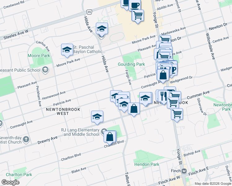 map of restaurants, bars, coffee shops, grocery stores, and more near 114 Connaught Avenue in Toronto