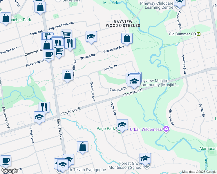 map of restaurants, bars, coffee shops, grocery stores, and more near 42 Banstock Drive in Toronto
