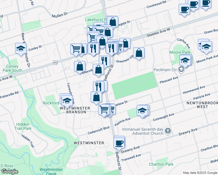 map of restaurants, bars, coffee shops, grocery stores, and more near 6151 Bathurst Street in Toronto