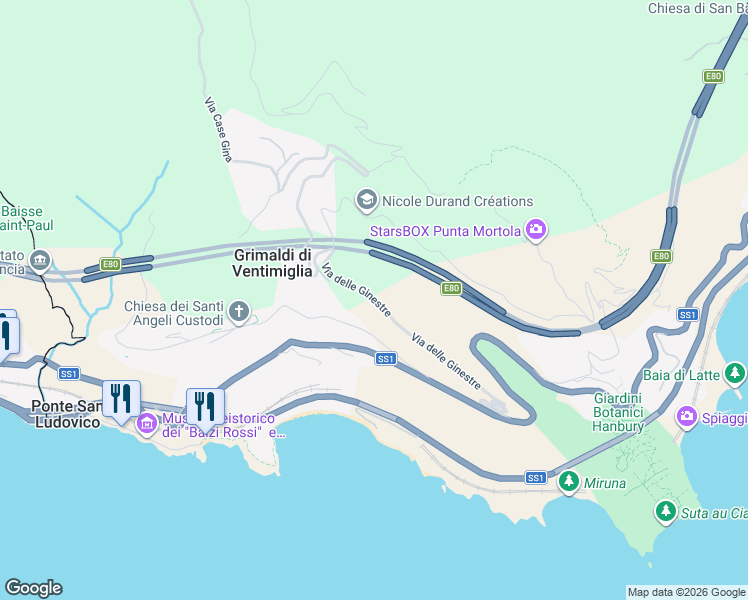 map of restaurants, bars, coffee shops, grocery stores, and more near 8e Via della Pace in Grimaldi